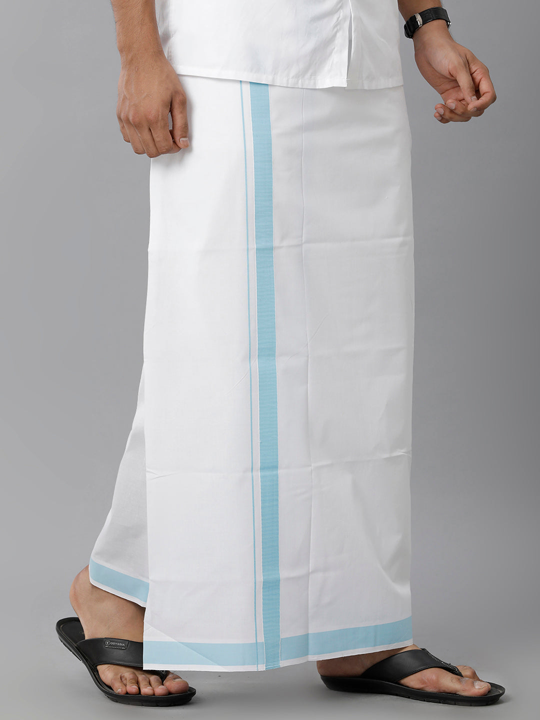 Mens Cotton White Single Dhoti with Sky Blue Plain Border Winner Special-Side view