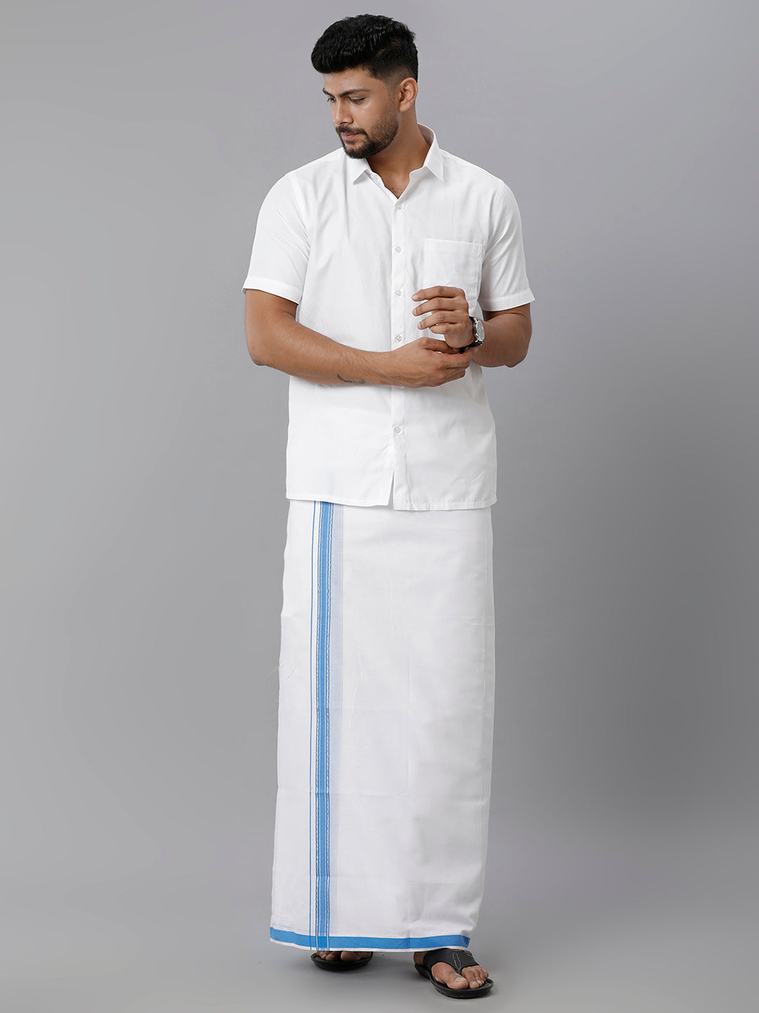 Mens Cotton White Double Dhoti with Blue & Silver Jari Border Manipuri Fancy-Full view