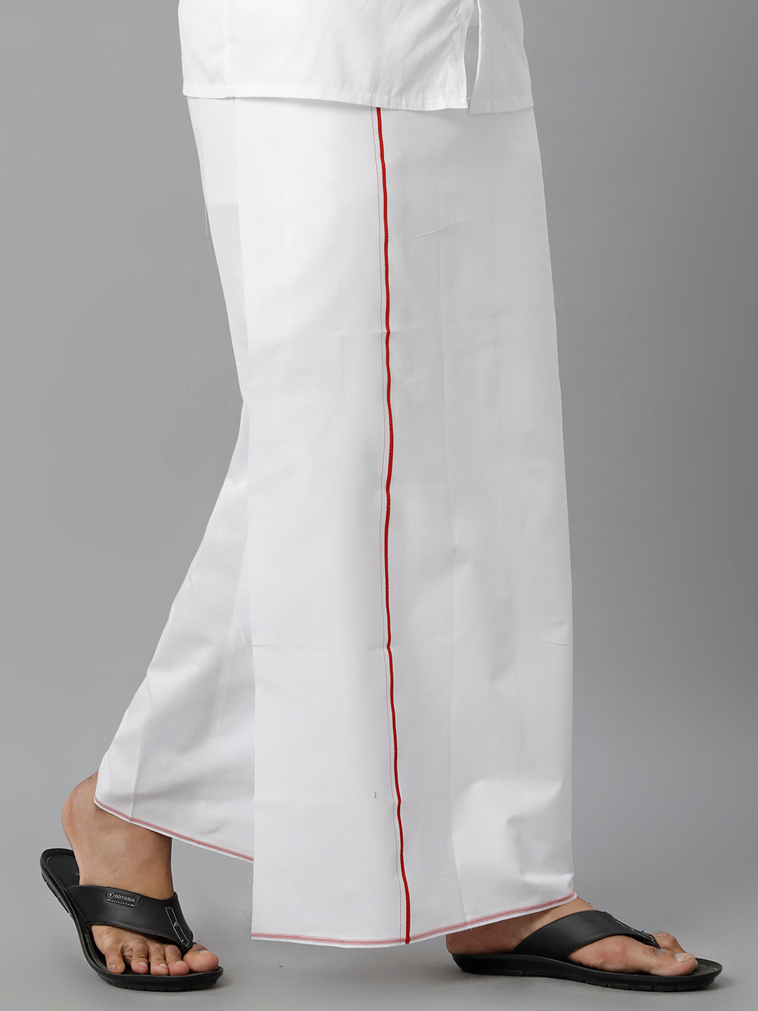Mens 100% Cotton Single Dhoti with Red Small Border Gold Cable-Side view