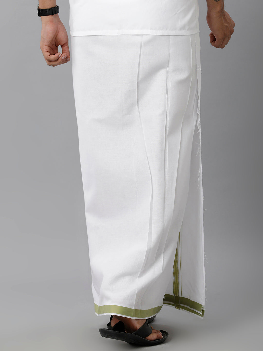 Mens Cotton White Double Dhoti with Green & Silver Jari Border Manipuri Fancy-Back view