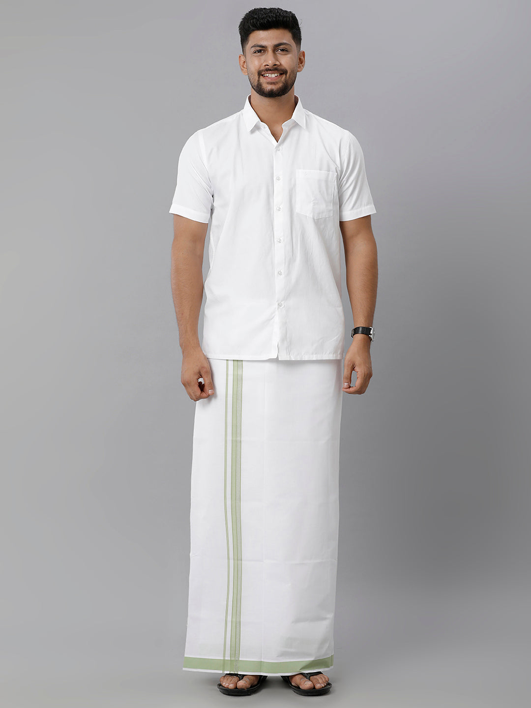 Mens Cotton White Single Dhoti with Light Green & Silver Border Winner Silver Fancy-Full view