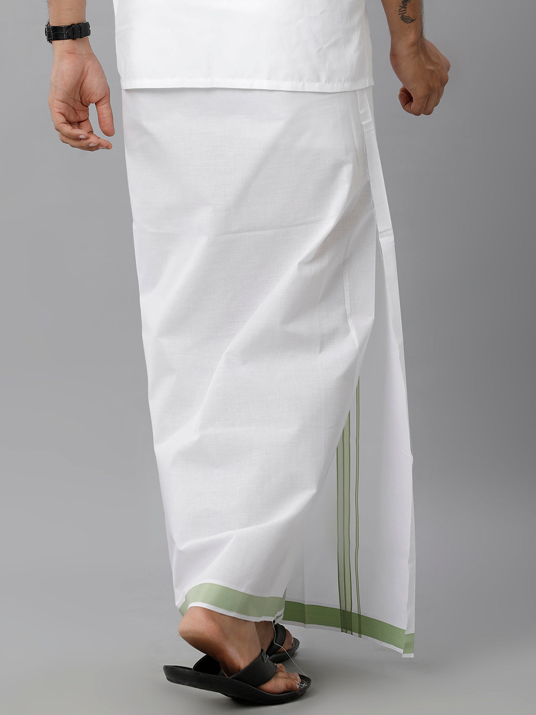 Mens Cotton White Single Dhoti with Light Green & Silver Border Winner Silver Fancy-Back view