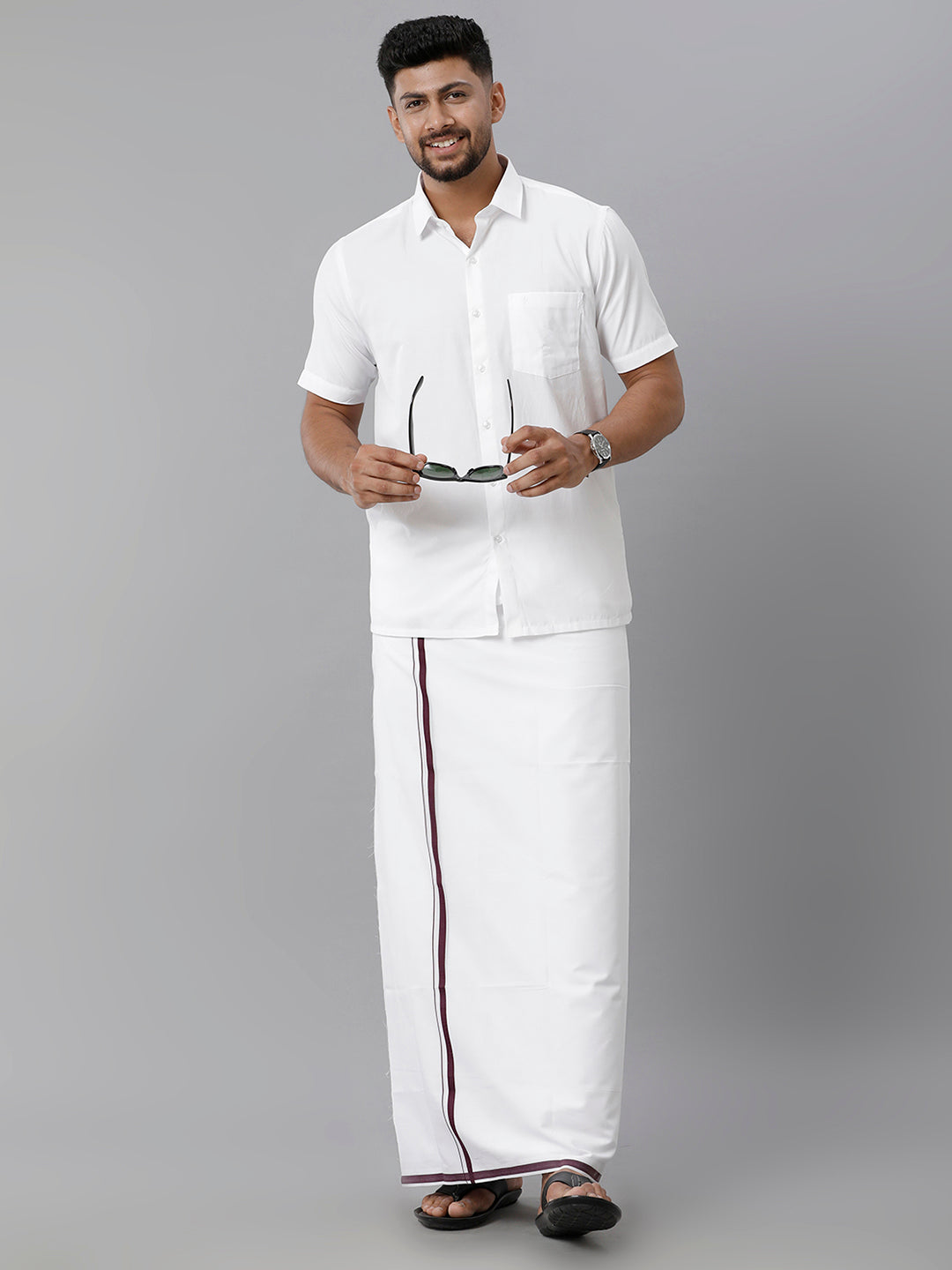 Mens 100% Cotton White Double Dhoti with Big Border Citizen Violet-Full view