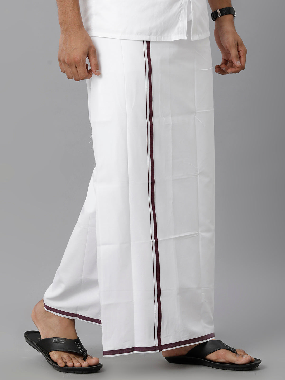 Mens 100% Cotton White Double Dhoti with Big Border Citizen Violet-Side view