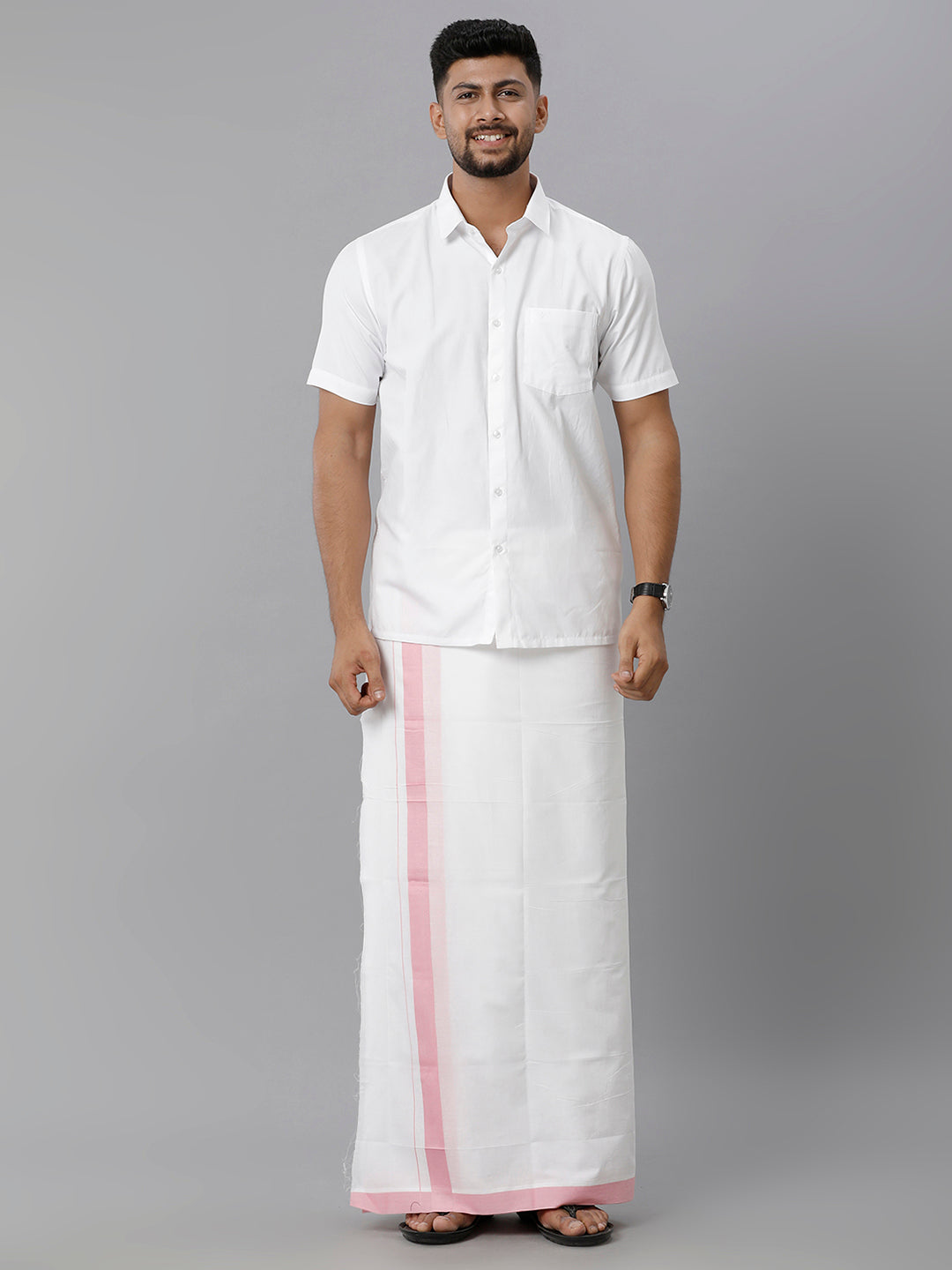 Mens Double Dhoti White with Pink Border Mountain Spl-Front view