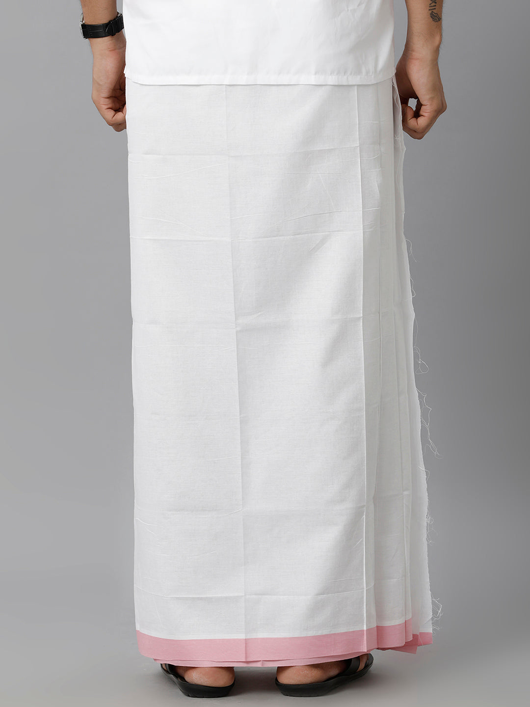 Mens Double Dhoti White with Pink Border Mountain Spl-Back view