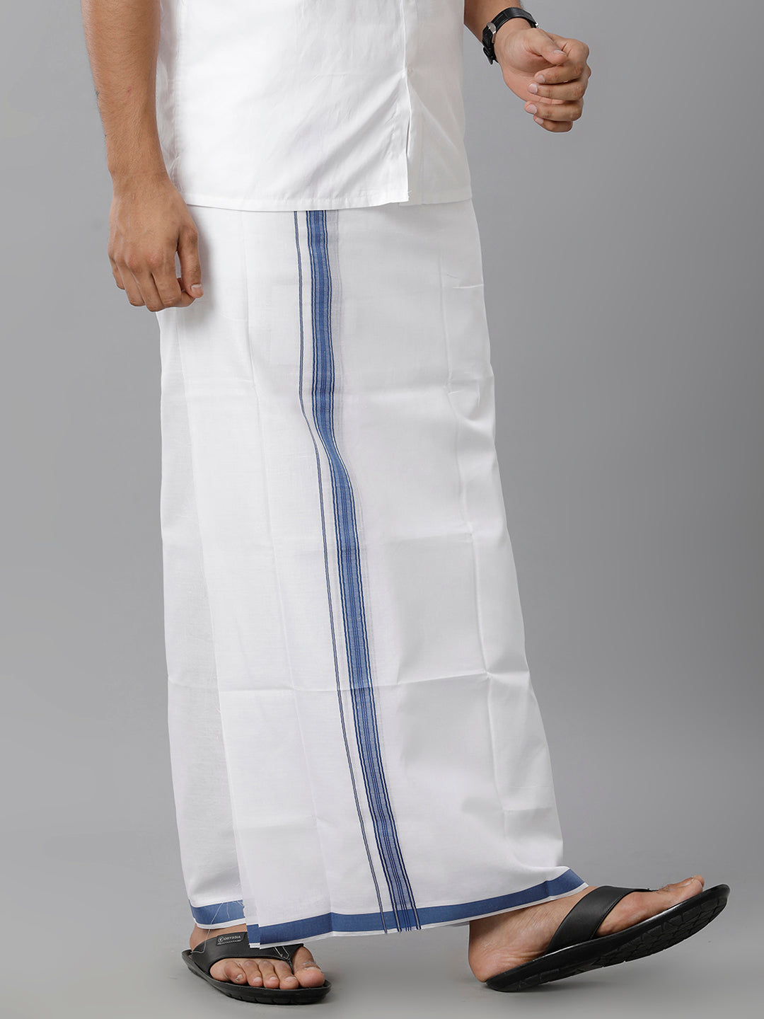 Mens Cotton White Double Dhoti with Navy & Silver Jari Border Manipuri Fancy-Side view