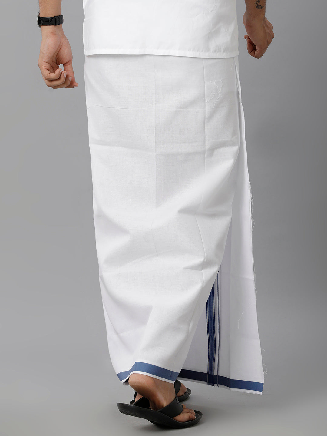Mens Cotton White Double Dhoti with Navy & Silver Jari Border Manipuri Fancy-Back view