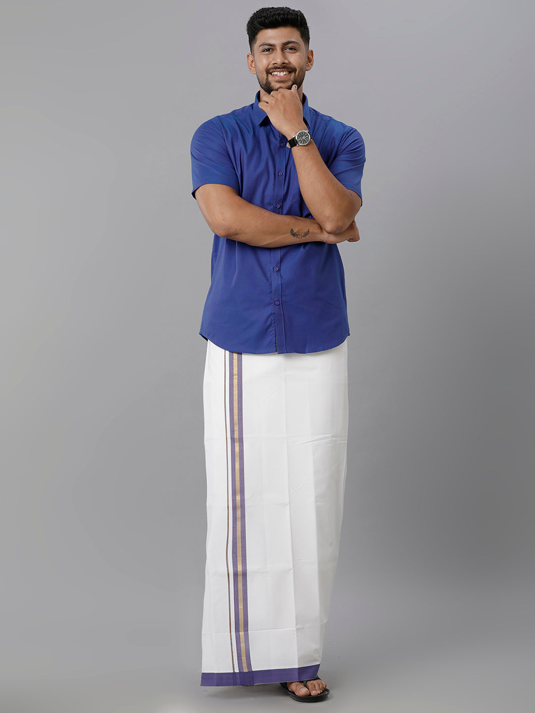 Mens Cotton Matching Border Dhoti & Half Sleeves Shirt Blue Set GL17