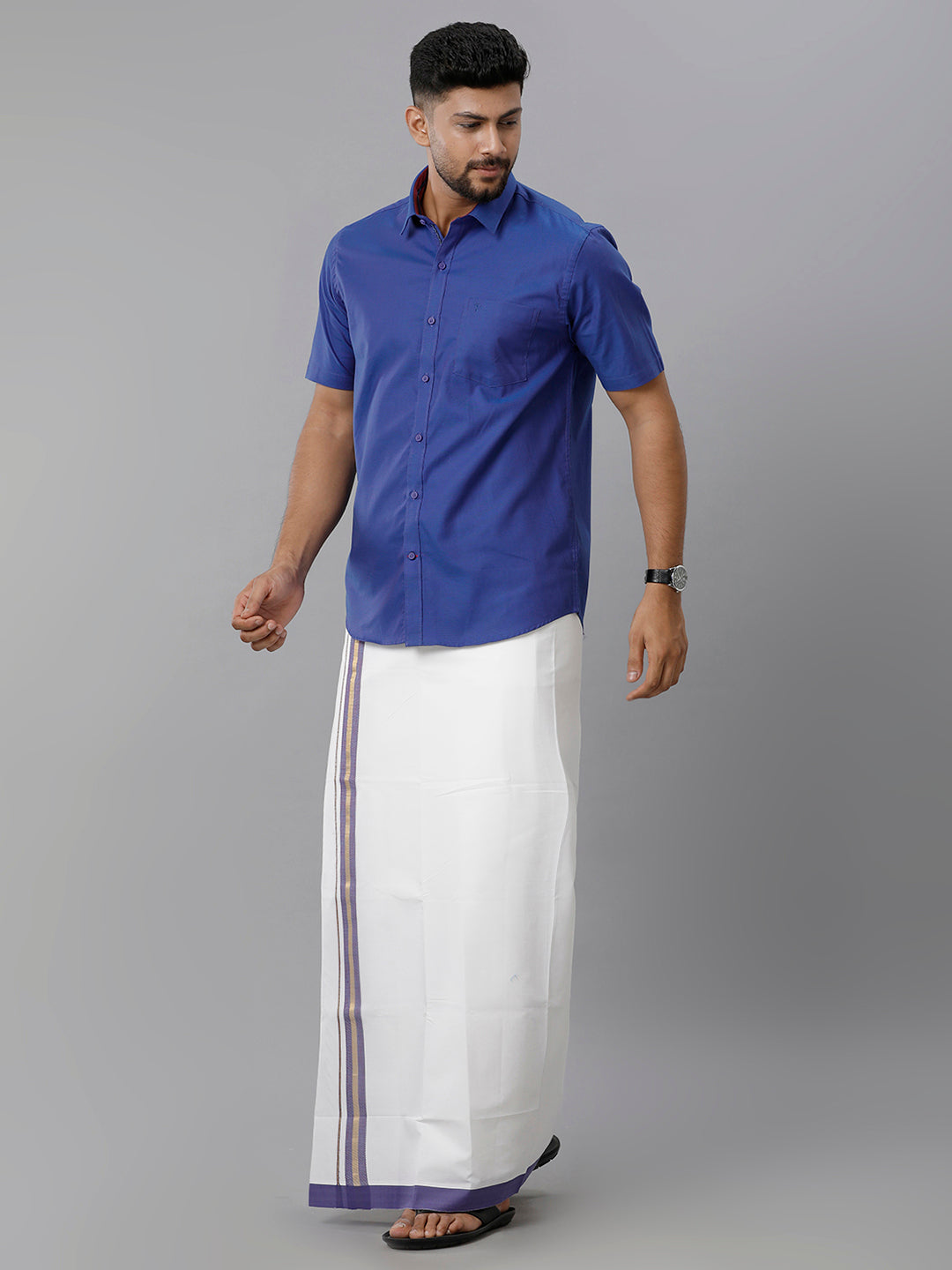 Mens Cotton Matching Border Dhoti & Half Sleeves Shirt Blue Set GL17-Sdie view