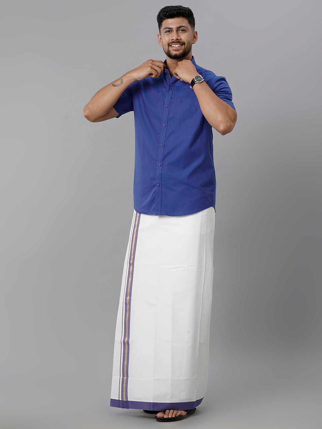 Mens Cotton Matching Border Dhoti & Half Sleeves Shirt Blue Set GL17-Front view