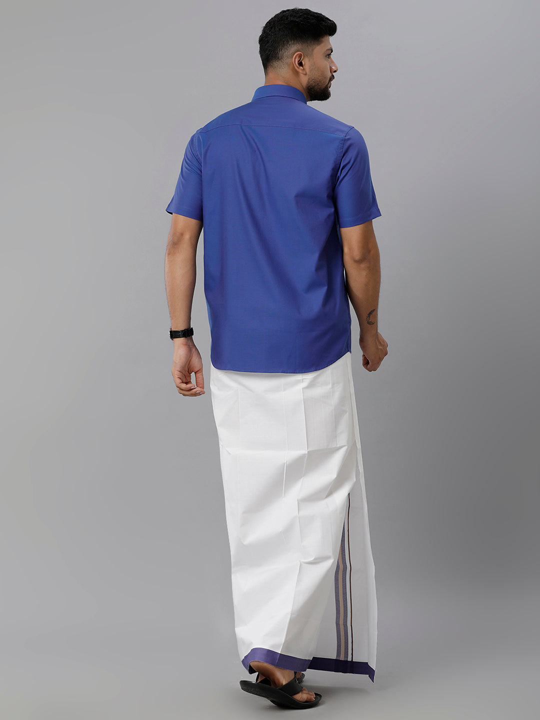 Mens Cotton Matching Border Dhoti & Half Sleeves Shirt Blue Set GL17-Back view
