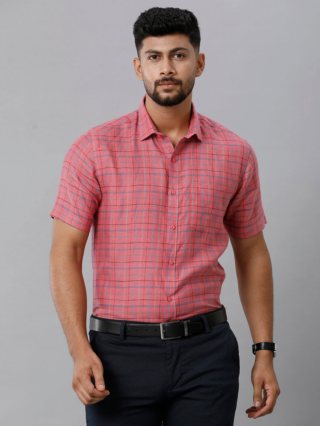 Mens Pure Linen Checked Half Sleeves Dark Pink Shirt LS7
