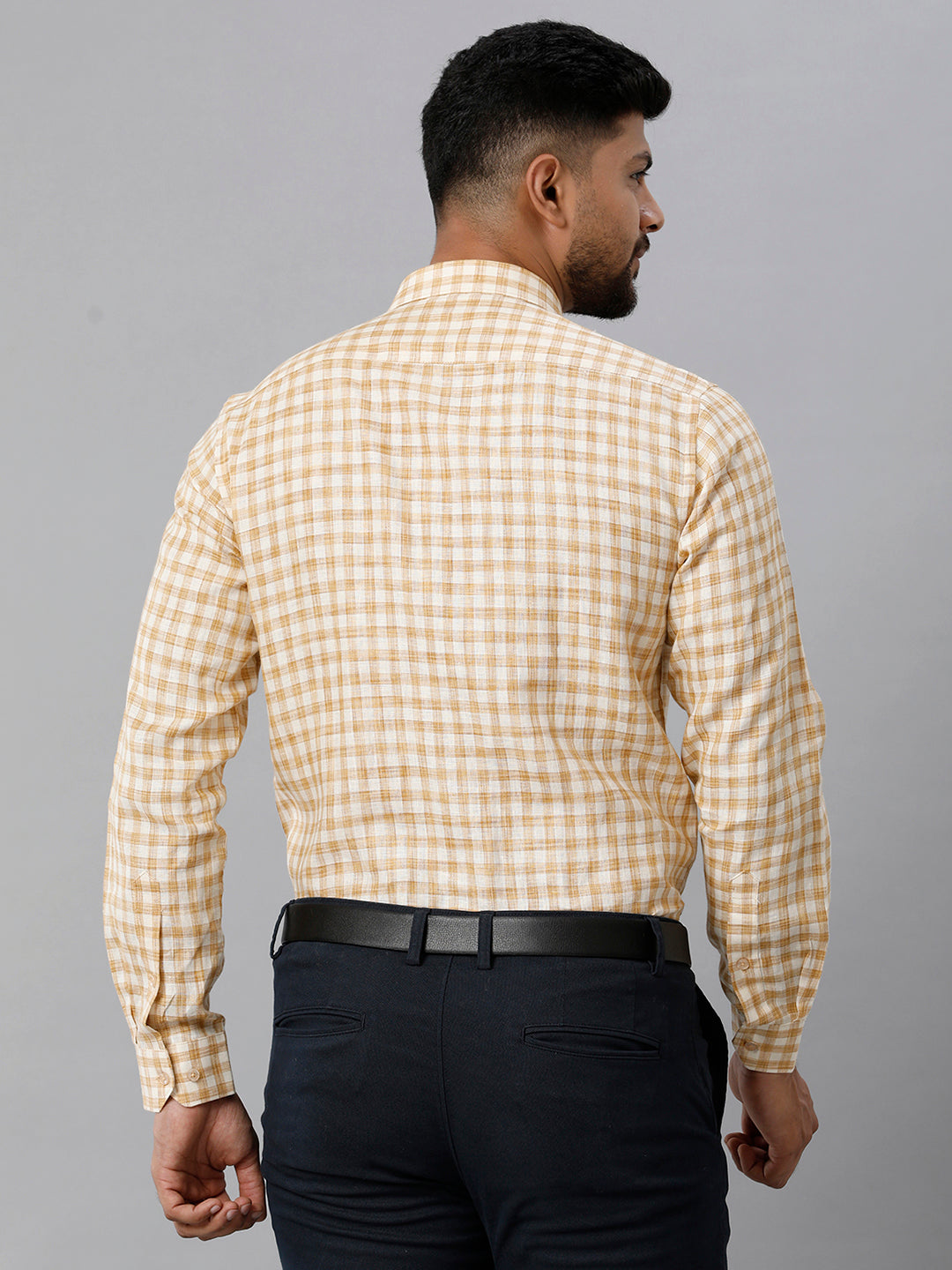 Mens Pure Linen Checked Full Sleeves Cream & Brown Shirt LS39-Back view