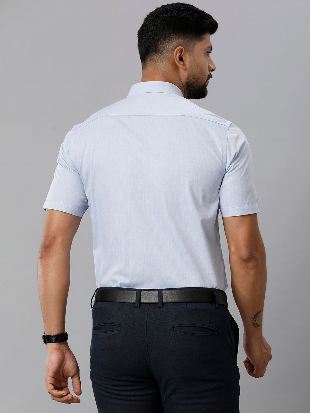 Mens Premium Cotton Formal Shirt Half Sleeves Blue MH G119-Back view