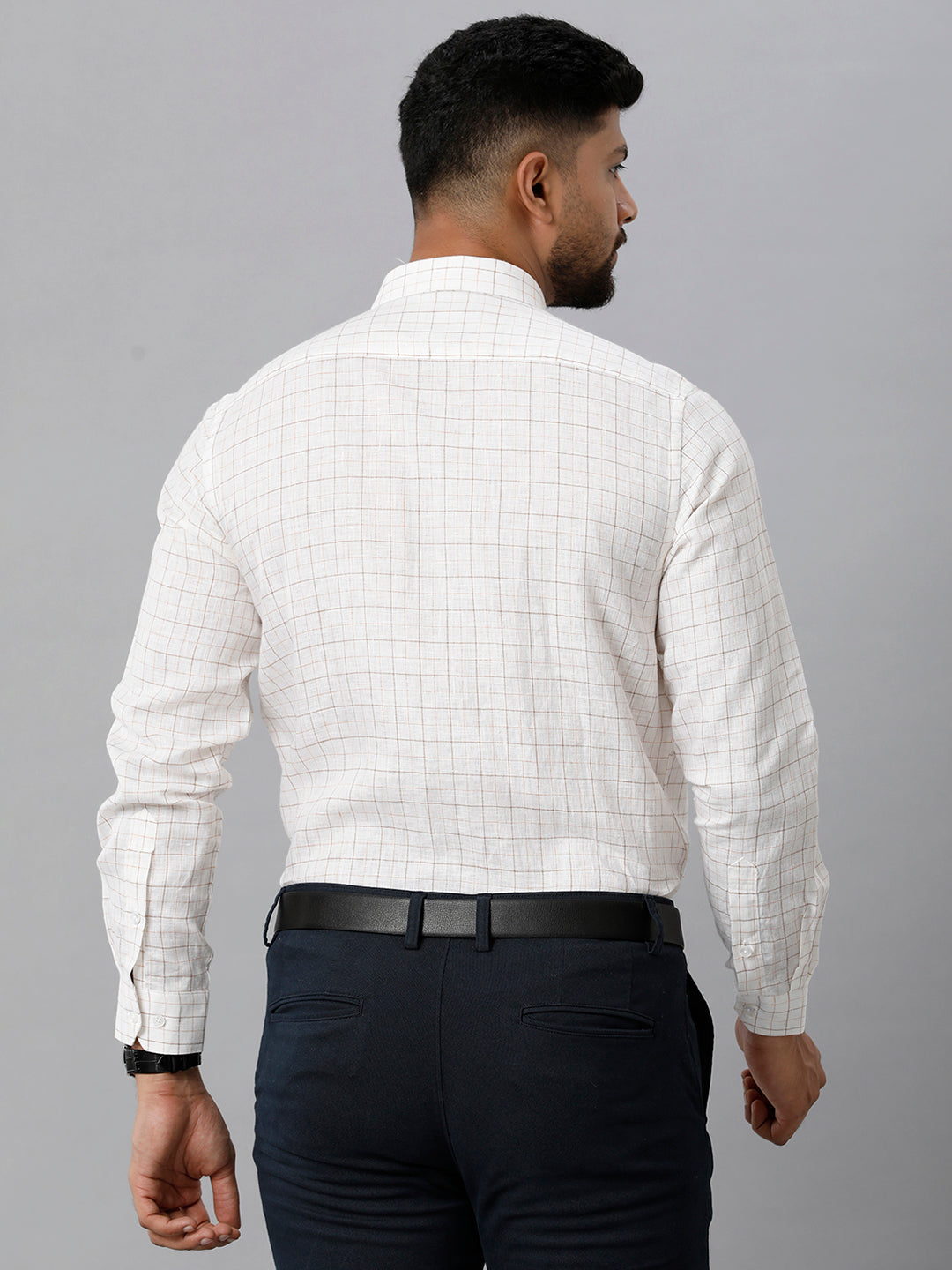Mens Pure Linen Checked Full Sleeves Light Cream Shirt LS36-Back view