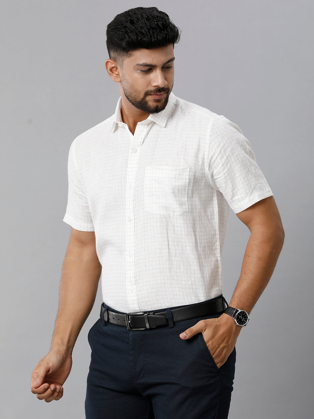 Mens Pure Linen Checked Half Sleeves Grayish White Shirt LS45-Side view
