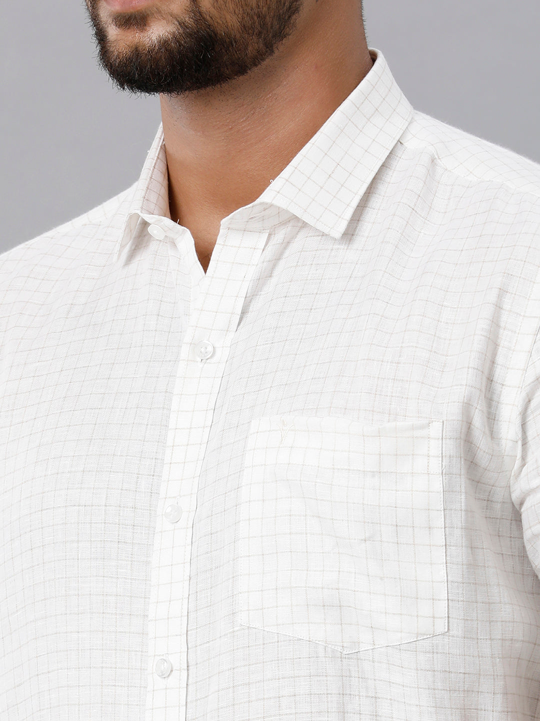 Mens Pure Linen Checked Half Sleeves Grayish White Shirt LS45-Zoom view