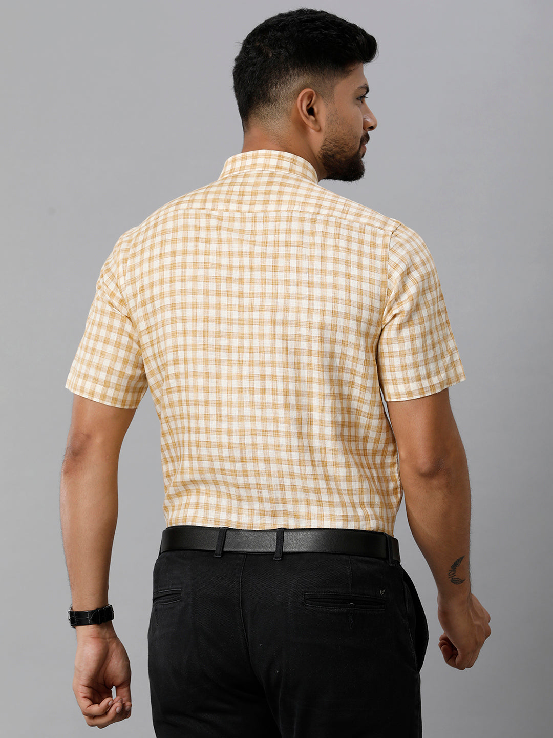 Mens Pure Linen Checked Half Sleeves Cream & Brown Shirt LS39-Back view