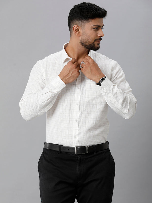 Mens Pure Linen Checked Full Sleeves Grayish White Shirt LS45