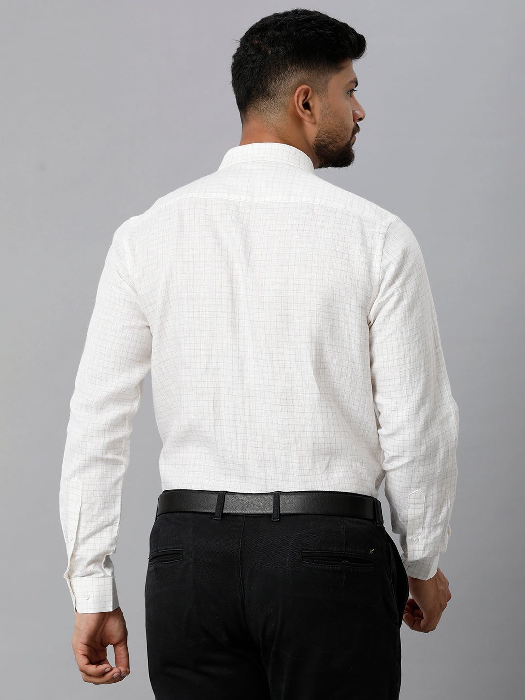 Mens Pure Linen Checked Full Sleeves Grayish White Shirt LS45-Back view