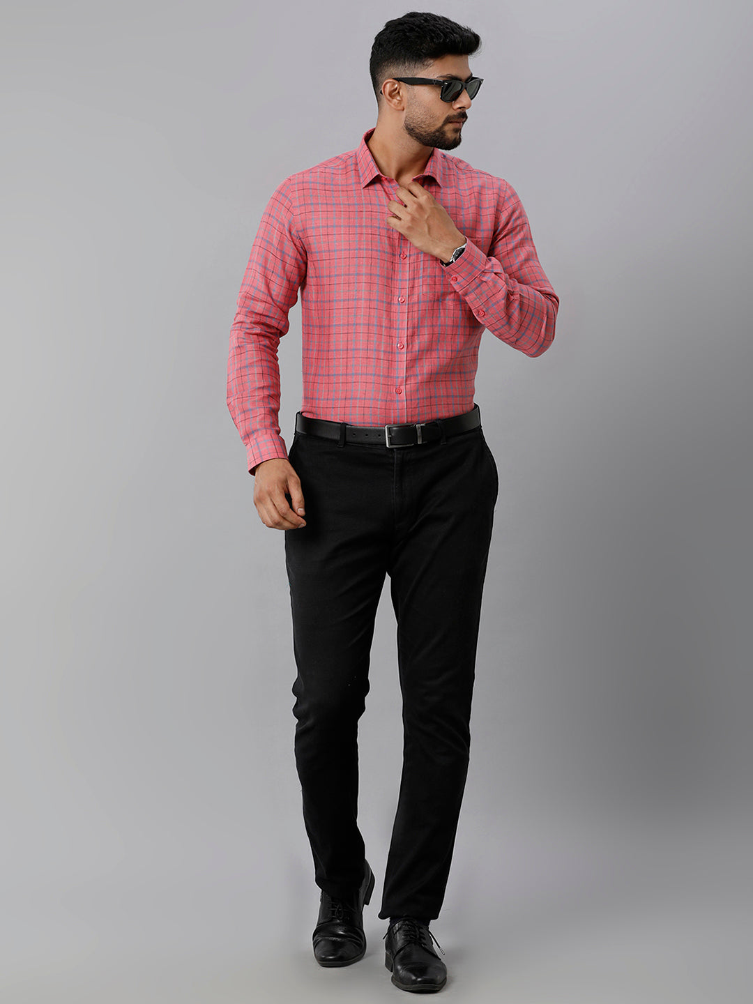 Mens Pure Linen Checked Full Sleeves Dark Pink Shirt LS7-Full view