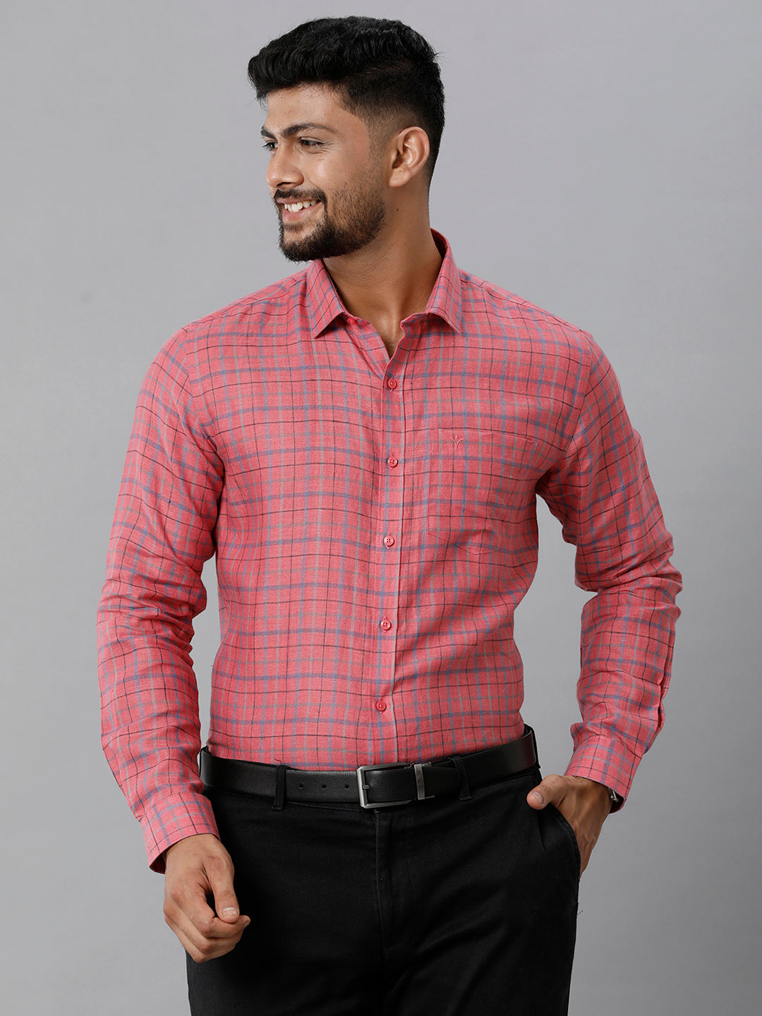 Mens Pure Linen Checked Full Sleeves Dark Pink Shirt LS7
