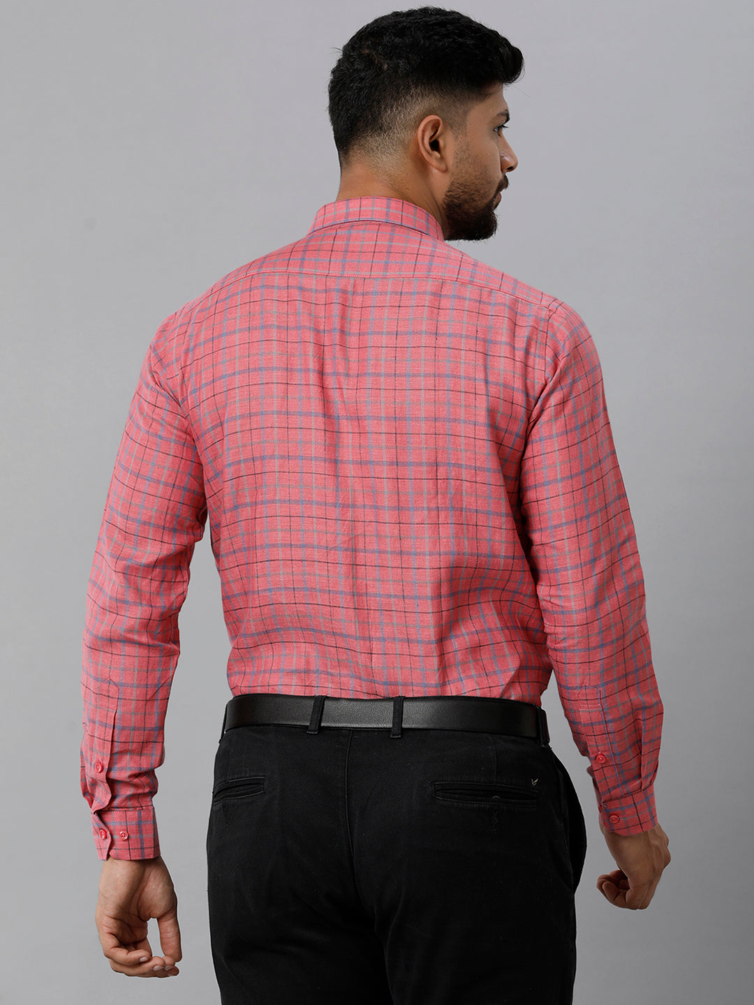 Mens Pure Linen Checked Full Sleeves Dark Pink Shirt LS7-Back view