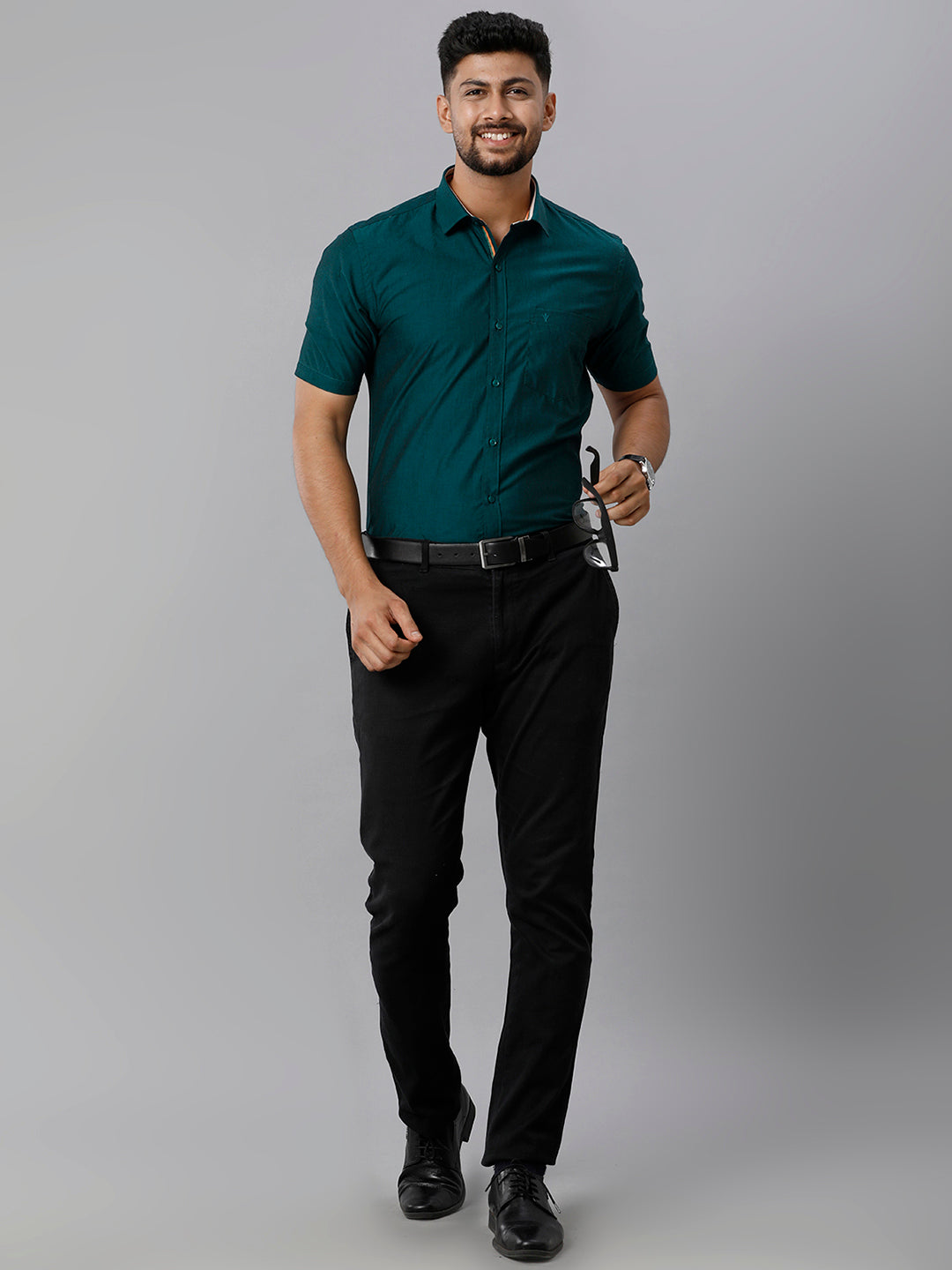 Mens Premium Cotton Formal Shirt Half Sleeves Dark Green MH G116-Full view