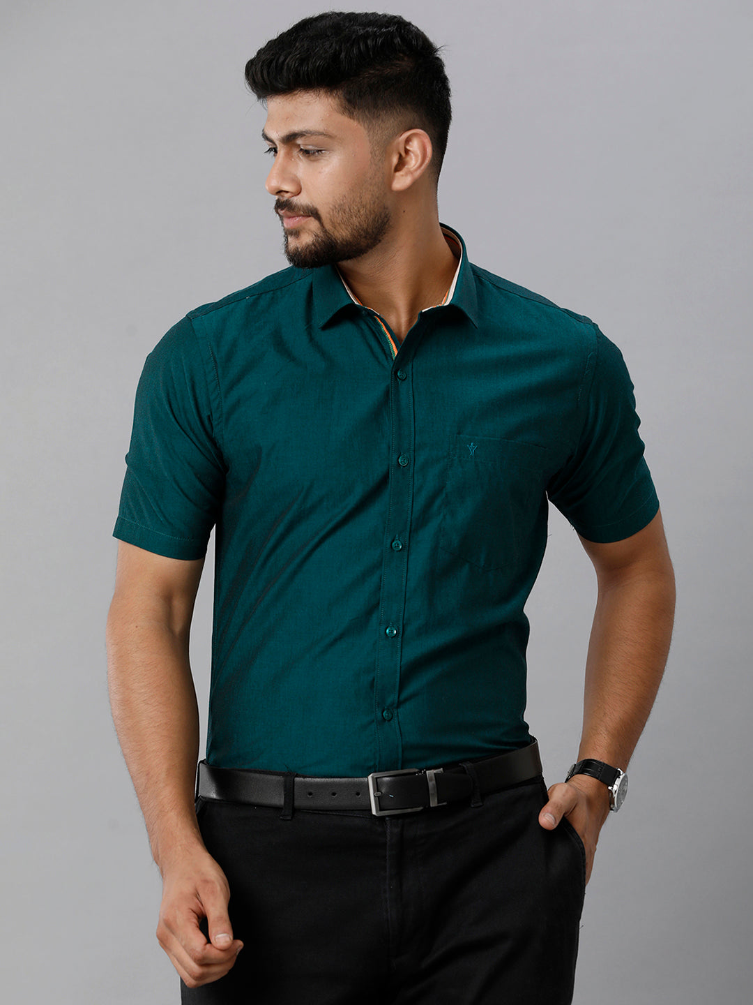 Mens Premium Cotton Formal Shirt Half Sleeves Dark Green MH G116