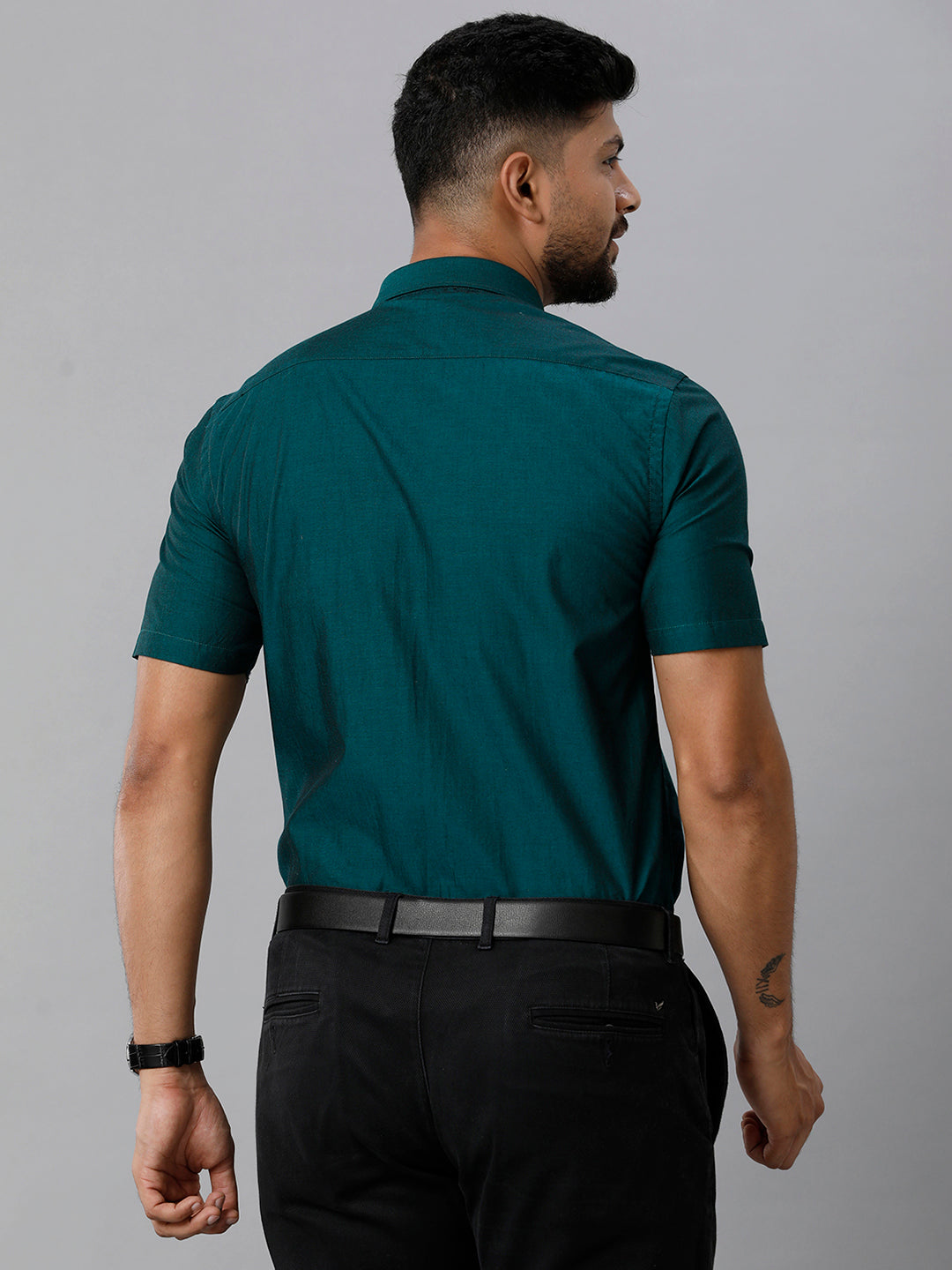 Mens Premium Cotton Formal Shirt Half Sleeves Dark Green MH G116-Back view