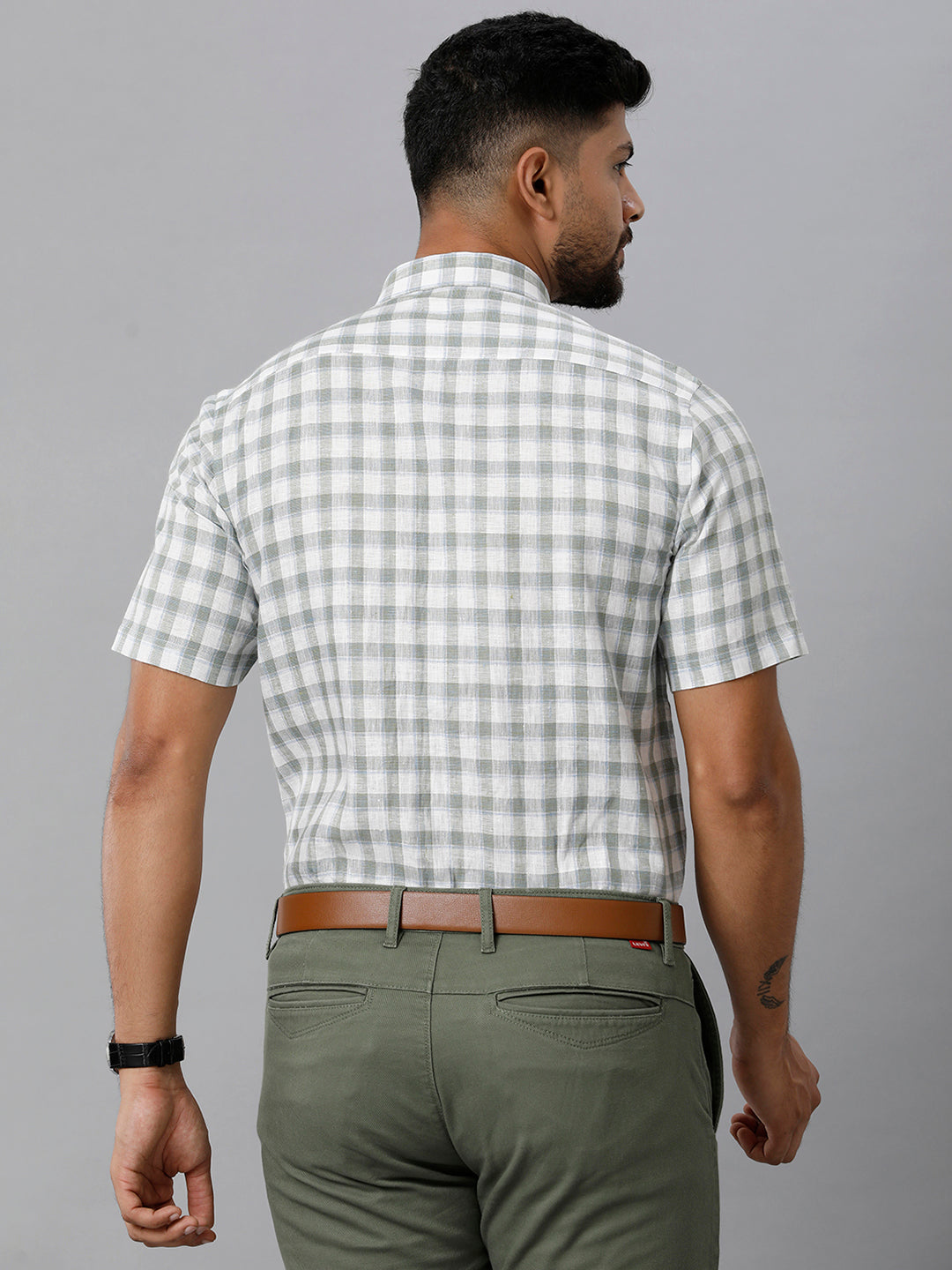 Mens Pure Linen Checked Half Sleeves Green & White Shirt LS56-Back view