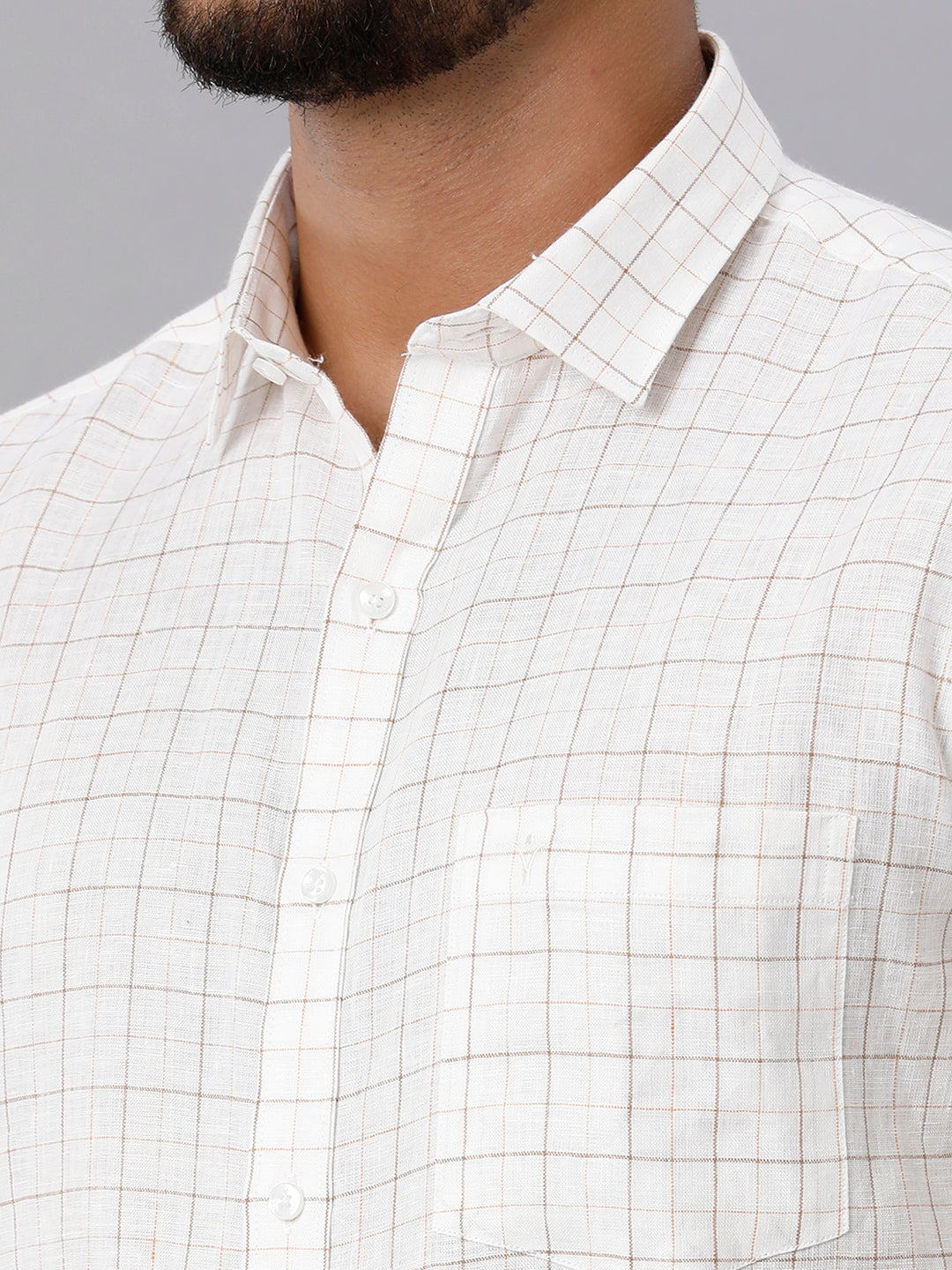 Mens Pure Linen Checked Half Sleeves Light Cream Shirt LS36-Zoom view