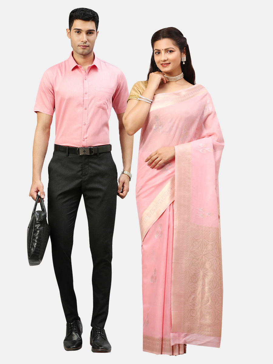 Couple Combo Pink Shirt & Weaving Semi Linen Saree SL136