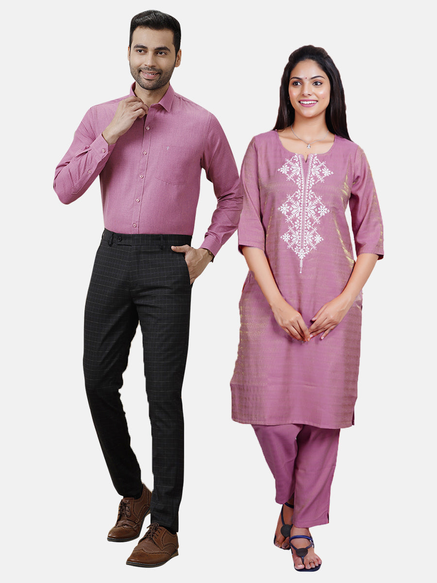 Couple Combo Purple Shirt  & Embroidery Kurti Set