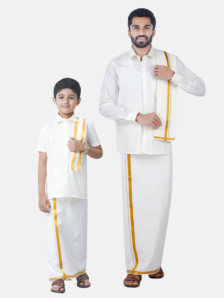 Like Father Like Son Full Sleeves Cream Shirt Dhoti & Towel Set Combo