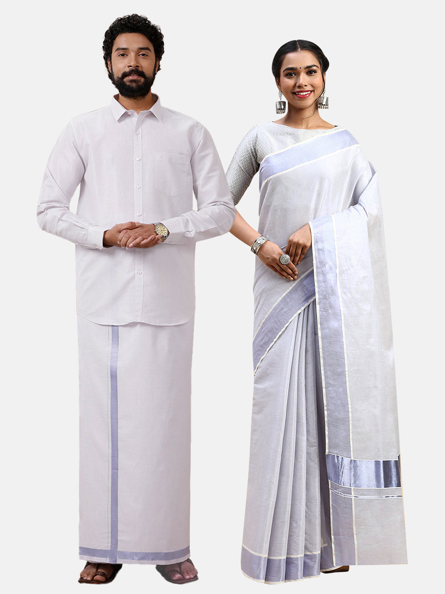 Couple Combo Tissue Lavender Jari Dhoti Shirt Set with Kerala Saree KS94