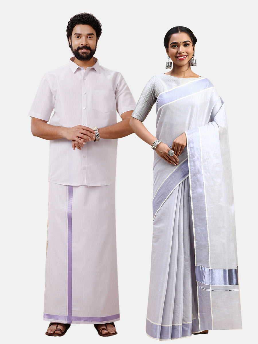 Couple Combo Tissue Lavender Jari Dhoti & Shirt Set with Kerala Saree KS94