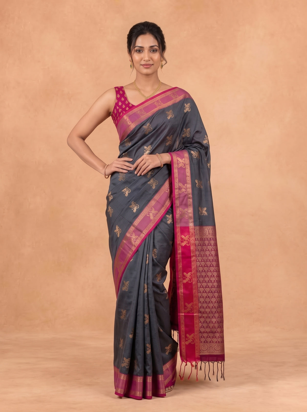 Women Soft Silk Grey With Maroon Saree SS470