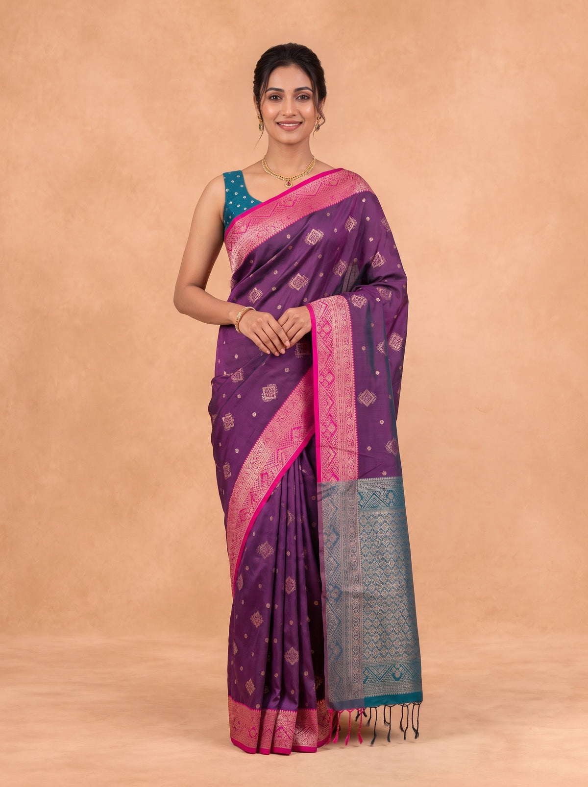 Women Soft Silk Purple with Green Saree SS469