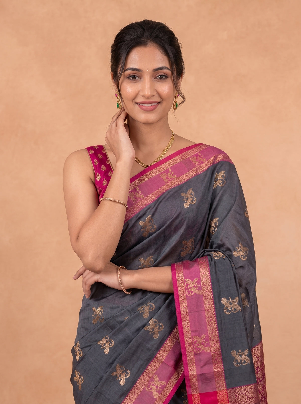 Women Soft Silk Grey With Maroon Saree SS470