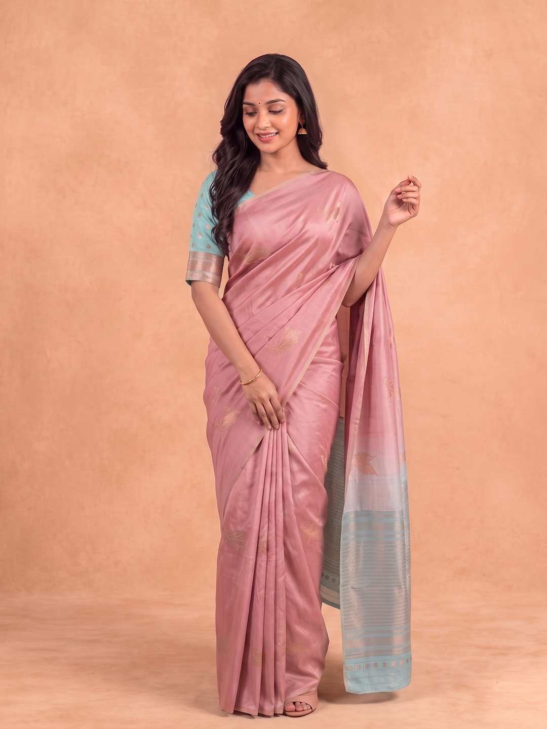 Women Soft Silk Peach with Blue Saree SS526