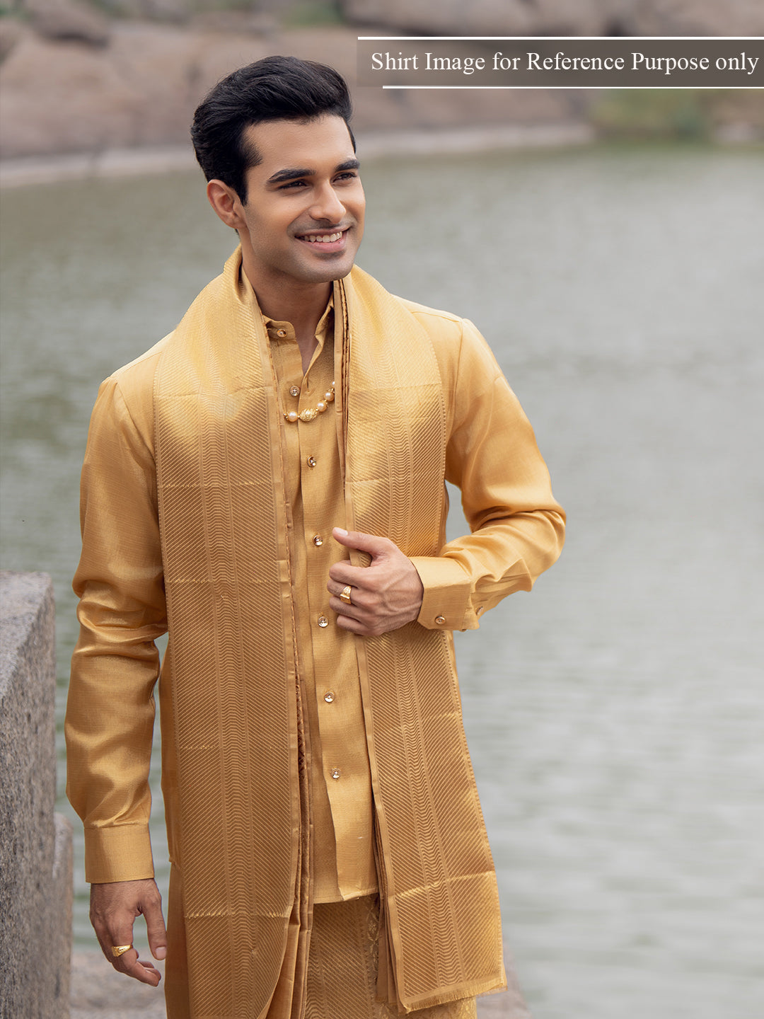 Premium Silk Pure Jari Gold Jacquard Weaving Dhoti Shirting & Towel Set with 5" Jari Border – Rajdharbar