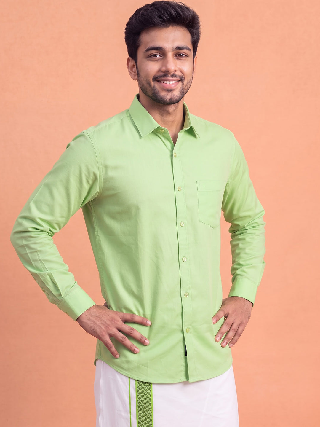 100% Cotton Green Shirt and Colour Jari Border Dhoti Set BT3