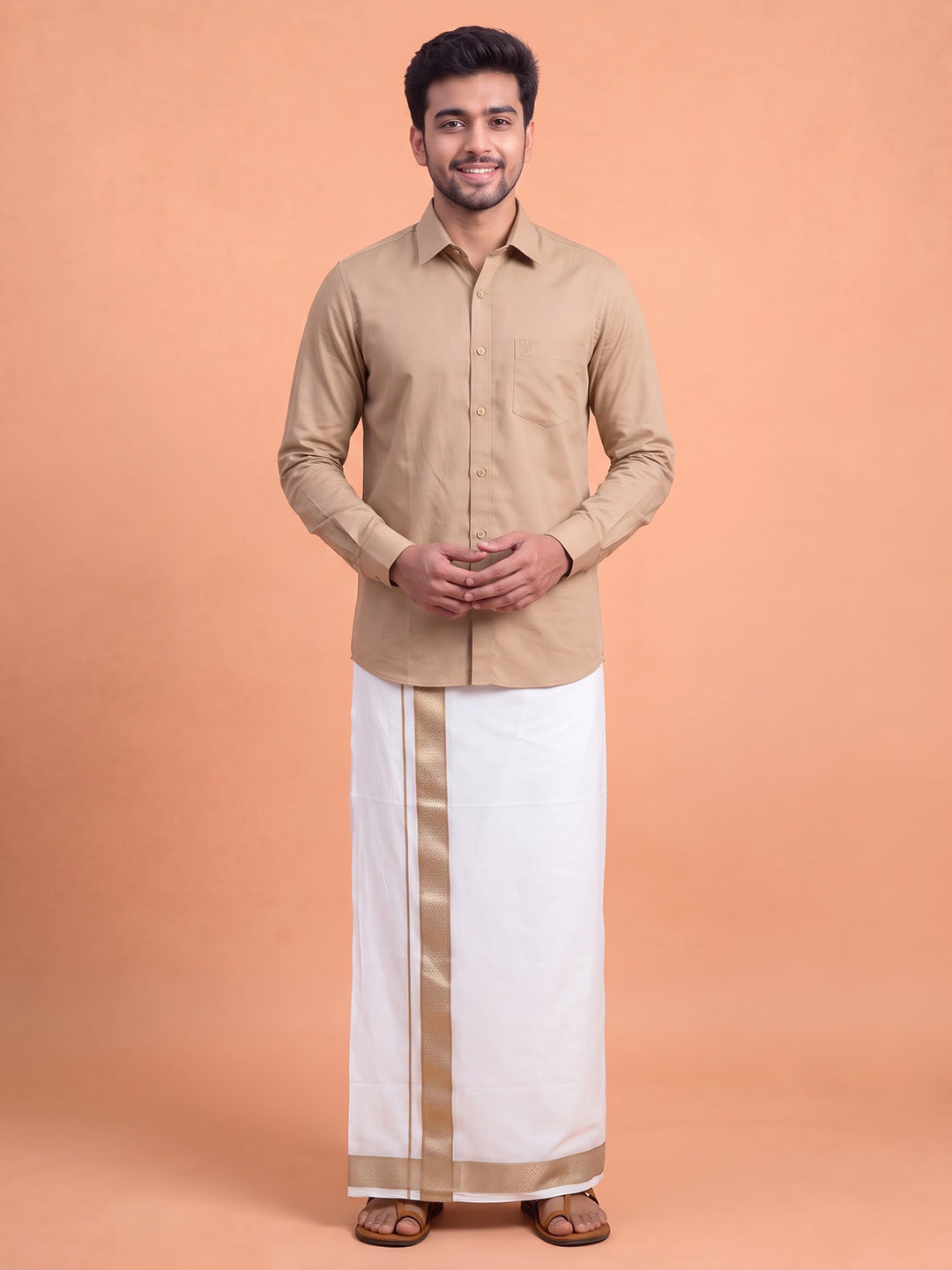 100% Cotton Brown Shirt and Colour Jari Border Dhoti Set BT1