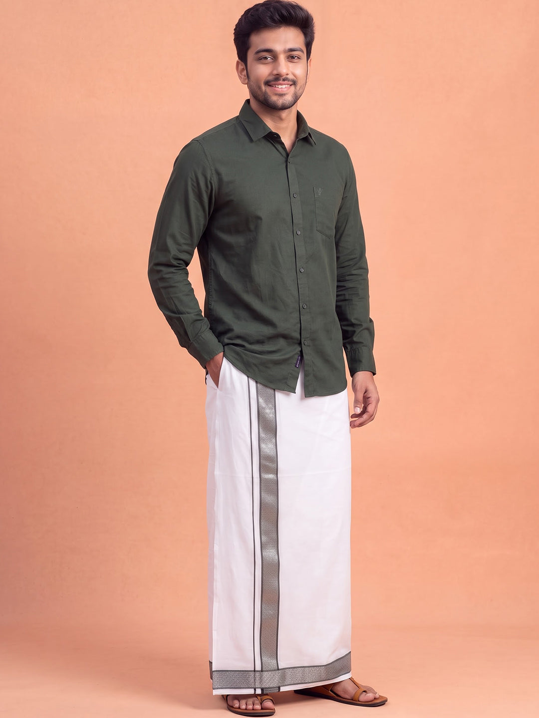 100% Cotton Dark Green Shirt and Colour Jari Border Dhoti Set BT10
