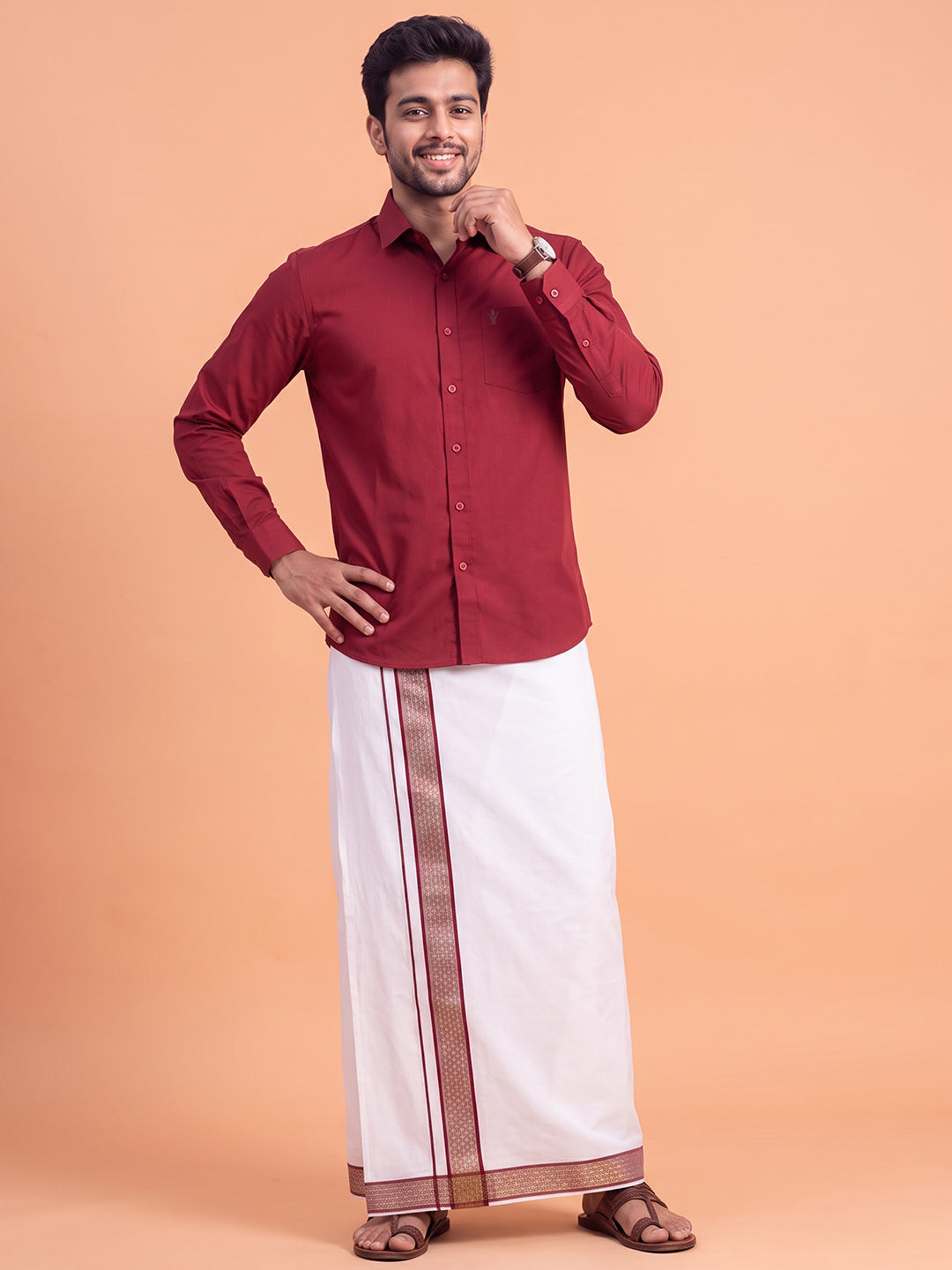 100% Cotton Cherry Wood Shirt and Colour Jari Border Dhoti Set BT8