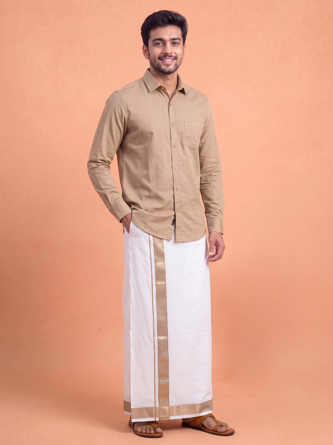 100% Cotton Brown Shirt and Colour Jari Border Dhoti Set BT1