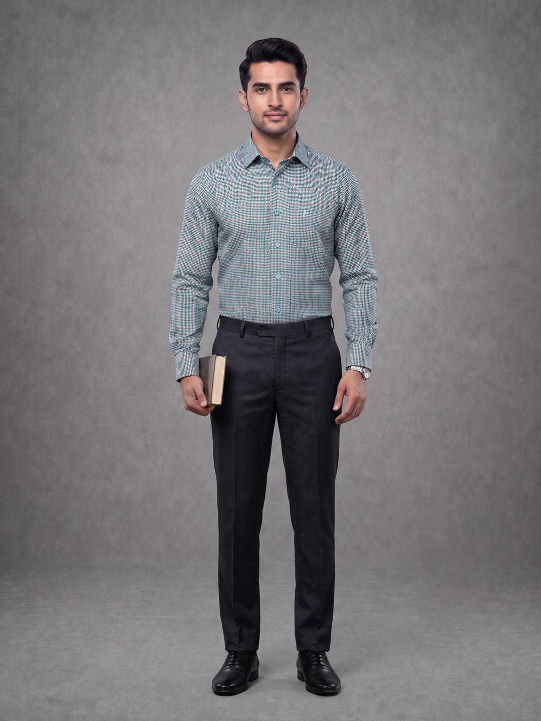Prima Club Premium Cotton Dobby Teal Blue Checked Regular Fit Shirt SRAQ2