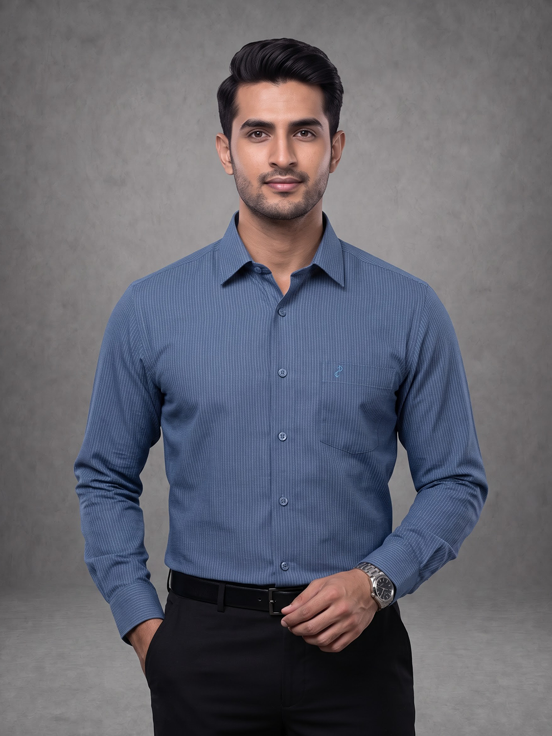 Prima Club Premium Cotton Dobby Mid Blue Stripes Regular Fit Shirt SRAX1